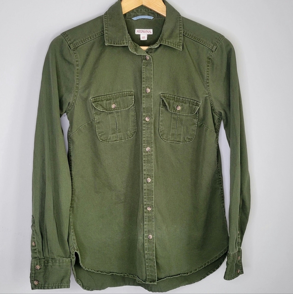 Merona Olive Green Button Up Utility Shirt Womens size small